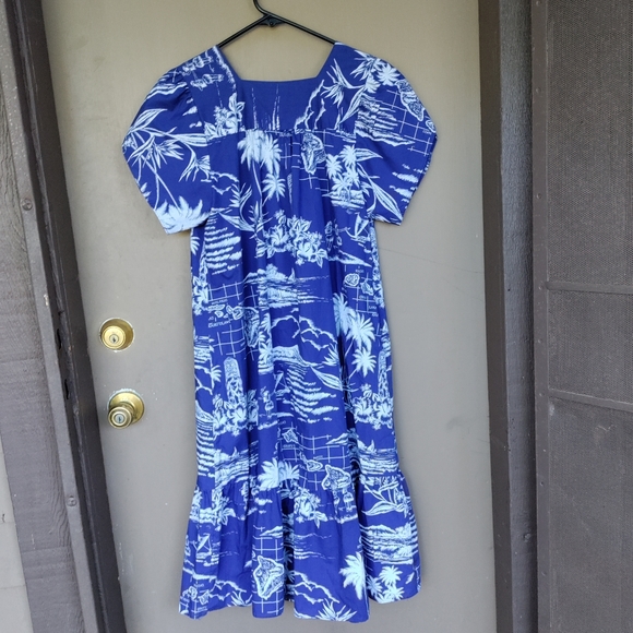 Kalena Fashions Made in Hawaii Blue and White Map Vintage Mumu Dress - Picture 5 of 6